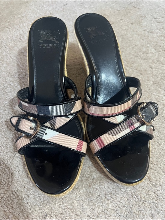 Burberry Shoes - Burberry Black Patent Slide Mules with Beige Pink Plaid Straps